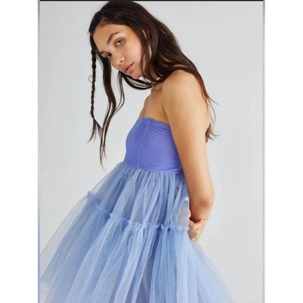 Free People Theo Puff Mini Dress Periwinkle Strapless Tulle Coquette Party S - Picture 6 of 10
